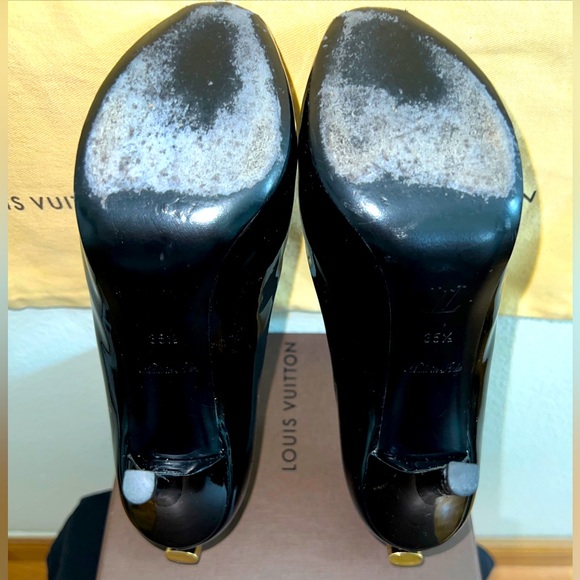 Louis Vuitton “Oh Really” Black Patent Gold Lock Platform Peep Toe Pump Size 6.5 - Picture 11 of 16